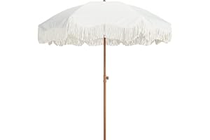 AMMSUN Boho Fringe Umbrella Outdoor Patio, 6.5ft UPF50+ Picnic Umbrella with Tassels with Steel Pole and Push Button Tilt, Antique White