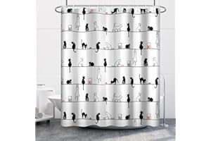 Uiiooazy Cute Cartoon Cats Shower Curtain for Bathroom White Black Cat Animals Mouse Bathtub Curtains RV Room Waterproof Fabric Decoration Shower Curtains with Hooks 72x72 inches