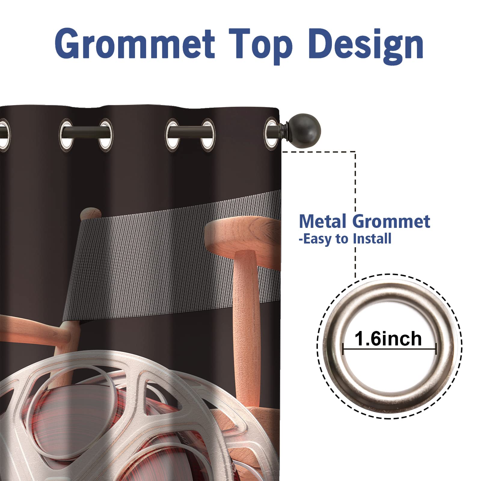 Jekeno Movie Theater Blackout Curtains Movie Theater Theme Print Home Bedroom Living Room Decor Sunlight Blocking Grommet Window Drapes 2 Panel Set, 52