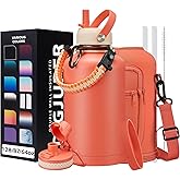 64oz Insulated Water-Bottle with Strap - Half Gallon Water Jug with Straw & Spout Lid, 2 Liter Stainless Steel Water Bottle Leak Proof, Cold-48h Hot-24h Metal Flask w/Paracord Handle, Carrier Case