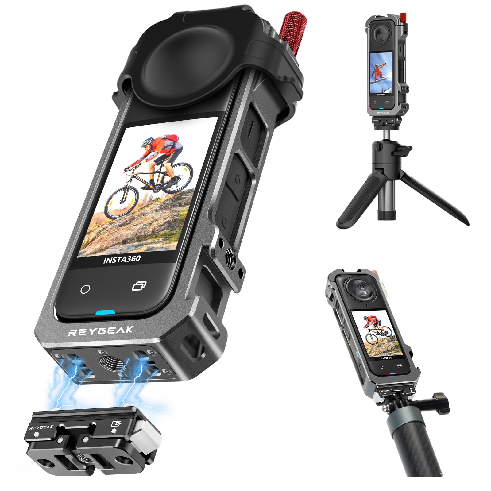 REYGEAK for Insta360 X4 Cage,Aluminium Utility Frame for Insta360 X4, Quick Release Camera Base Mount with 1/4" Threads,Protective Case with Silicone Lens Cover.