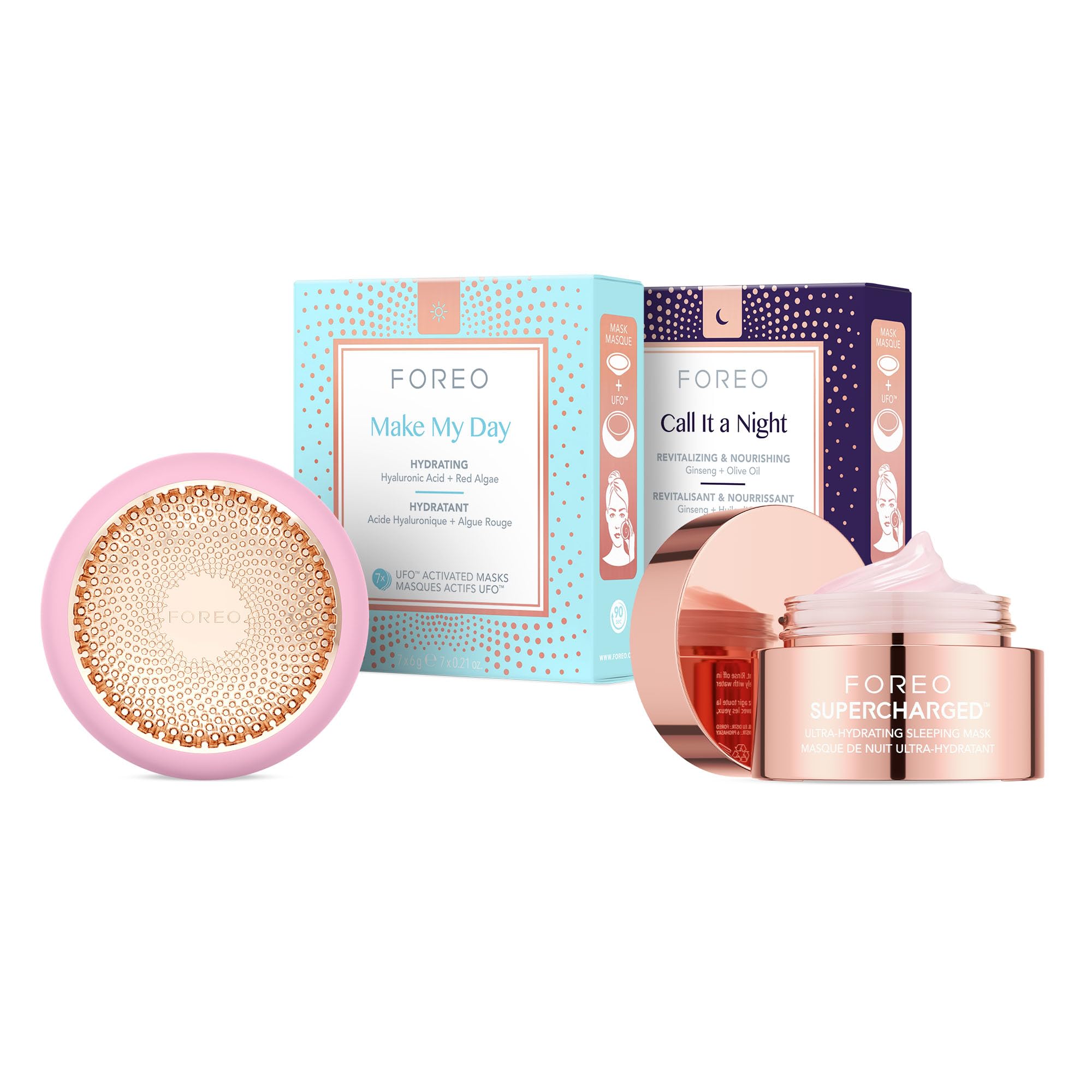 FOREO Hyper Hydra UFO 3 Bundle - Face Moisturiser Device + 14 UFO Activated Masks + Hydrating Night Mask, 75 ml - Red Light Therapy, Thermo & Cryo Therapy, T-Sonic Massage - Anti Aging Skin Care