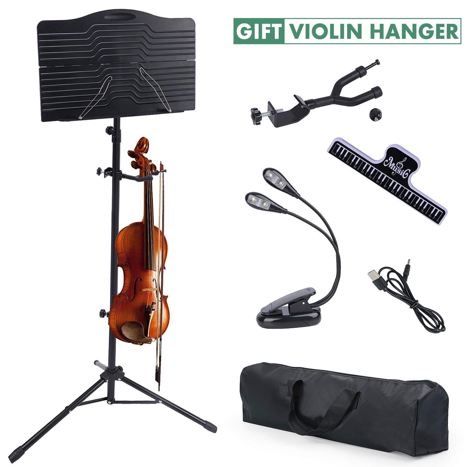Sheet Music Stand, Klvied Portable Folding Violin Music Stands, Adjustable Sheet Music Book Holder Kit for Kids, Adult Instrument Performance with Violin Hanger, Carrying Bag, Black