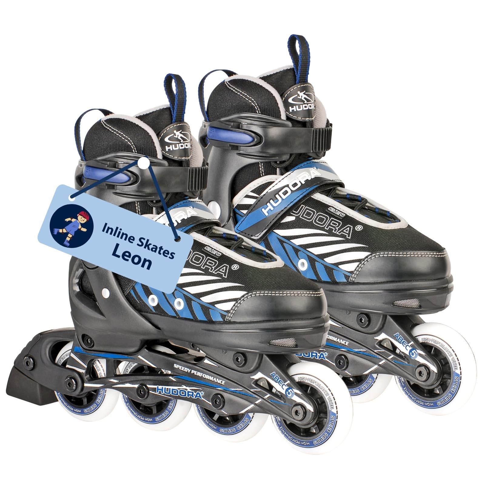 HUDORA Inline Skates Leon - Inline skates for children / teenagers & adults in black/blue - Roller skates adjustable up to 4 sizes - Comfortable & stylish skates -size 29-32