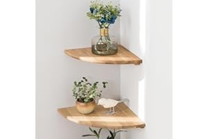 CONAMILY Corner Shelves, Floating Corner Shelf, Set of 2 Solid Oak Wood Wall Shelves, Round End Wall Mount with Wire Hole Shelving for Small Plant for Bedroom Kitchen, Living Room
