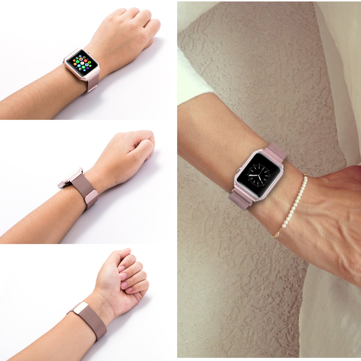 Apple Watch Band, iBazal 38mm Protective Case, Upgraded Milanese Stainless Steel Magnetic Closure Clasp Replacement iWatch Band for All 38mm Apple Watch Series 2&Series 1&Sport&Edition-Rose Gold 38mm