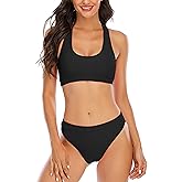 YELAIVP Solid Racerback High Waisted Bikini Sets Sporty Two Pieces Swimsuit Scoop Neck Bathing Suits for Women