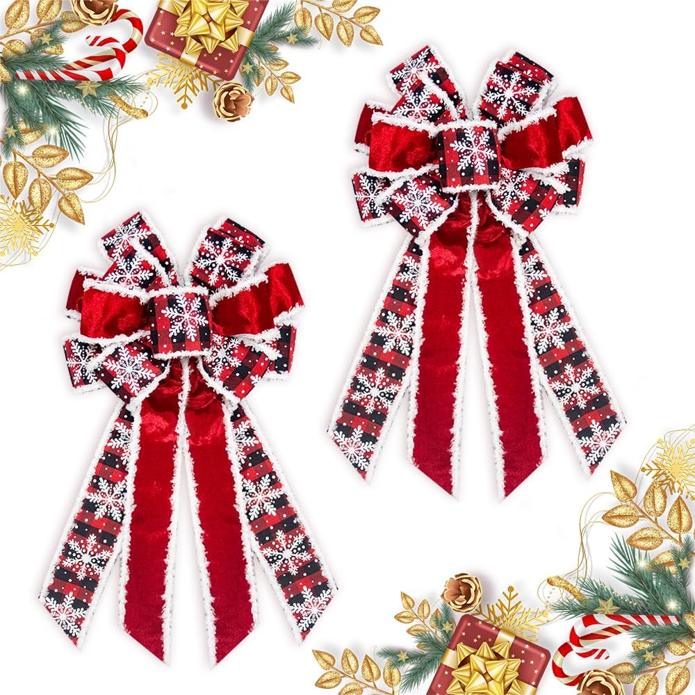 Bows & Ribbons - Threetols 2 PCS Large Christmas Bows for Wreath, Red Velvet Wreath Bows Red Black Buffalo Plaid Bows for Front Door, Christmas Snowflake Decoration Tree Bows for Winter New Year Indoor Outdoor Decor