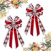 Threetols 2 PCS Large Christmas Bows for Wreath, Red Velvet Wreath Bows Red Black Buffalo Plaid Bows for Front Door, Christmas Snowflake Decoration Tree Bows for Winter New Year Indoor Outdoor Decor