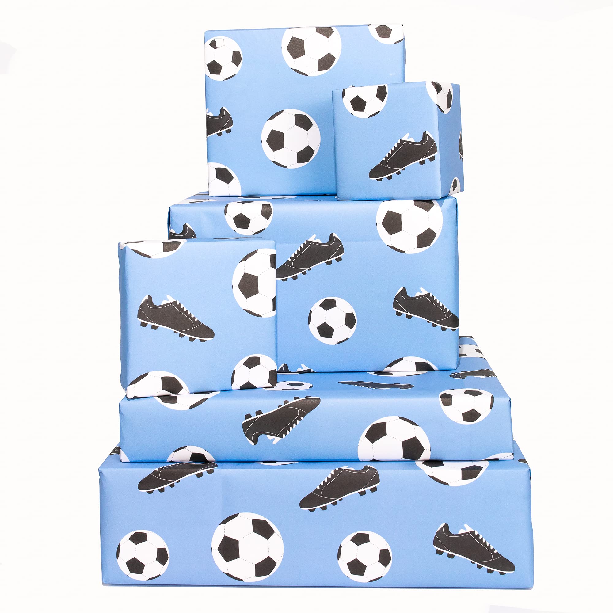 Central 23 - Christmas Wrapping Paper for Boys - 6 Sheets of Birthday Gift Wrap - Football Wrapping Paper - Football Boots - For Girls - Blue White - Recyclable