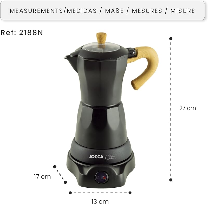 - Cafetera Italiana Eléctrica 6 Tazas | Línea Nature | Base giratoria 360º | Sistema “Siempre Caliente” | Apagado automático | Asa toque frío | Tapa transparente | Color negro