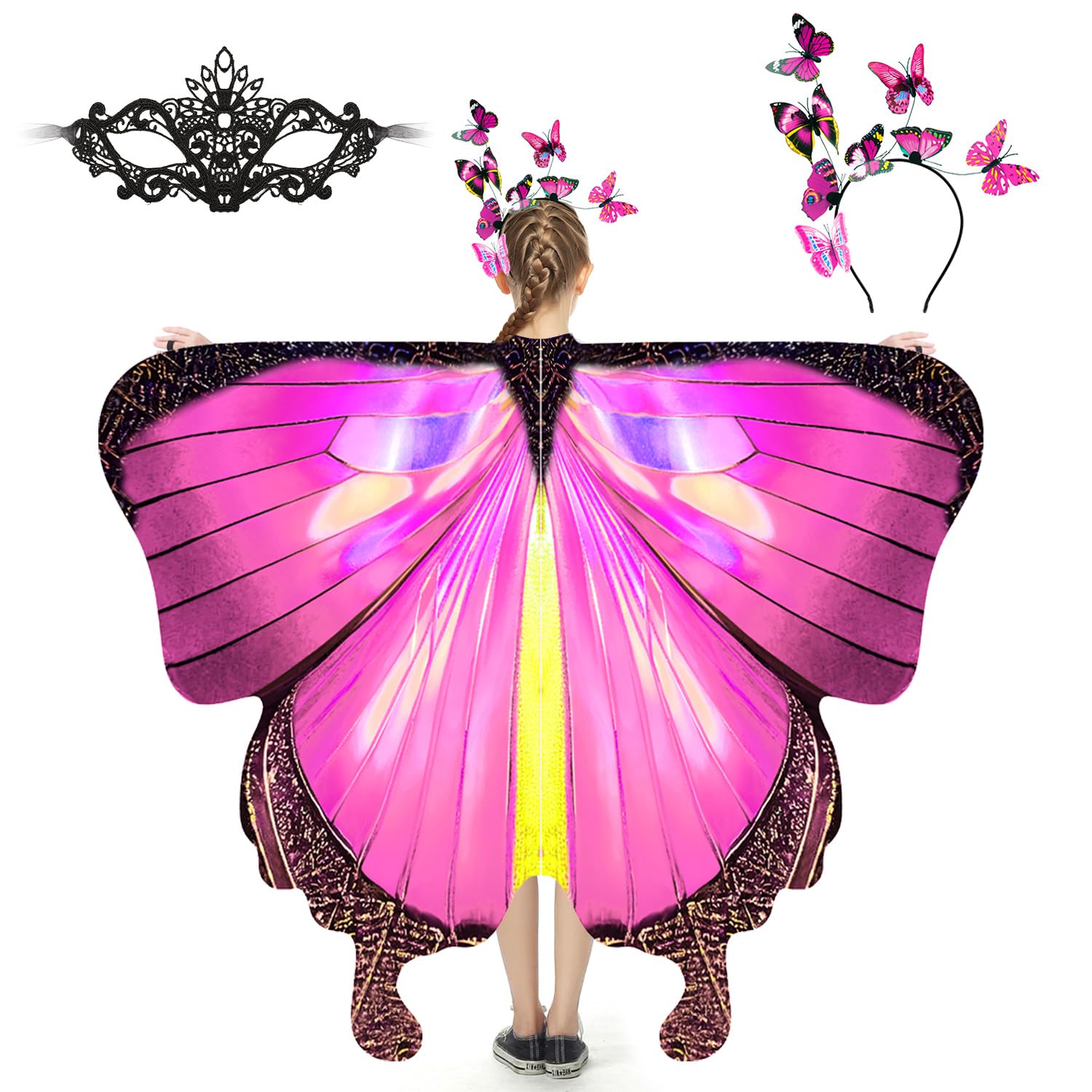 plainshe Butterfly Wings for Girls, Butterfly Costume for Halloween, Fairy Wing Kids, 3PCS Butterfly Cape Set (#021)