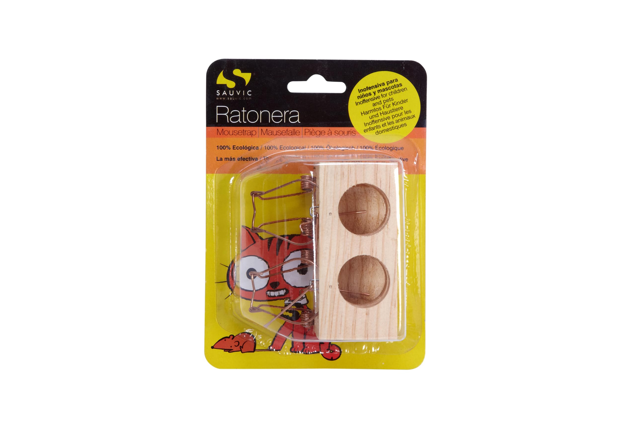 SAUVIC 15235 Small Wooden Mouse Trap with 2 Holes in Blister - Brown