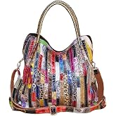 RainboSee Women Multicolor Purses and Handbags Leather Large Satchel Tote Stiching Top Handle Shoulder Bag