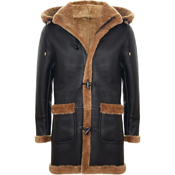 Infinity Men's Brown Sheepskin Leather Detachable Hood Duffle Coat