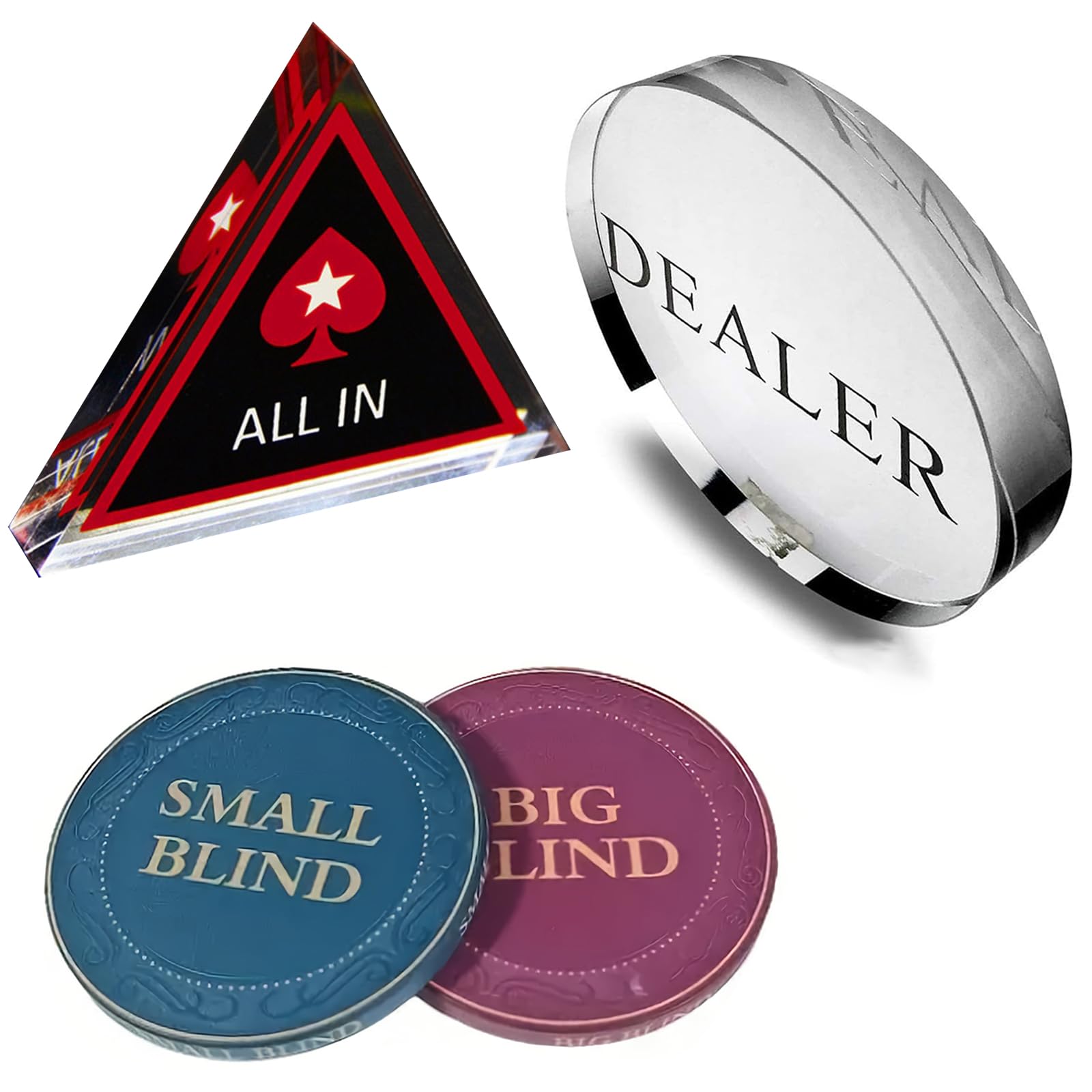 Photo 1 of [Set of 4] Dealer Button, Ceramic Big Blind and Small Blind, Poker Crystal ALL IN Buttons (Position Markers)Poker Chips for Texas Holdem Poker Night | Professional Dealer Button & Poker Accessories