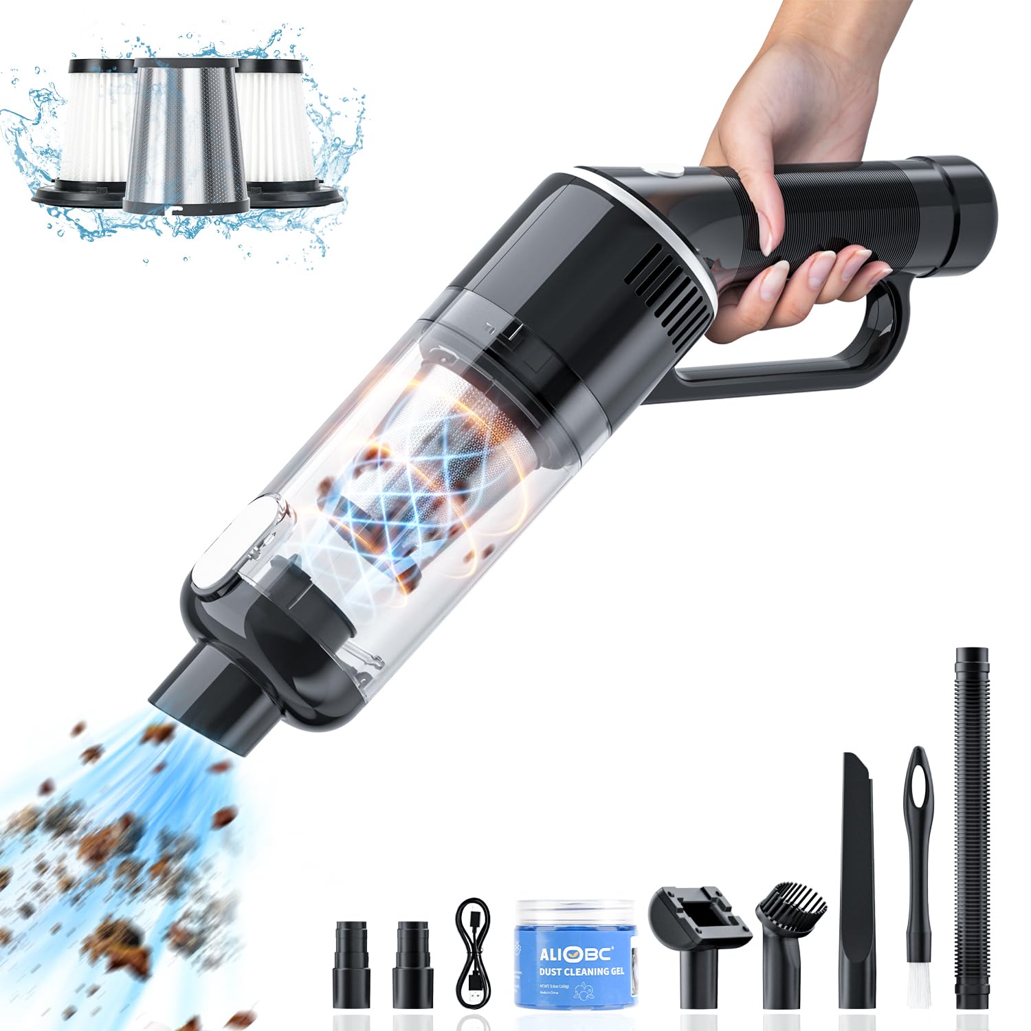 ALIOBC Car Vacuum Cleaner 9kpa/30mins Lightweight Mini High Power Portable Handheld Cordless Vacuum Pro, Small Rechargeable Extractor Vacuum Detailing with Cleaning Gel for Car, Home and Office