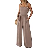Lepunuo Jumpsuits for Women Casual One Piece Overalls Smocked Wide Leg Long Rompers With Pockets Beach Vacation