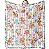 Zzkol Christmas Gingerbread Man Flannel Blanket, Pink Xmas Tree Stripes Throw Blanket Gifts for Kids Men Women, Funny Winter Holiday Soft Blanket for Bedding Sofa 50 x 60 Inch