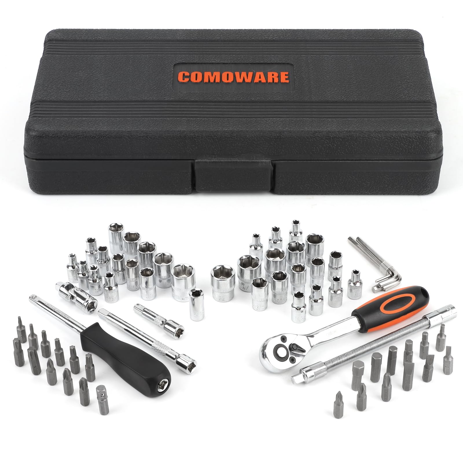 Photo 1 of COMOWARE 69pcs Socket Set (1/4'' & 3/8''), Metric & Standard Mechanic Tool Set, Socket Wrench Sets with Extension Bar, 72T Ratchet Wrench, Ratchet Sets for Auto Repairing & Home Use