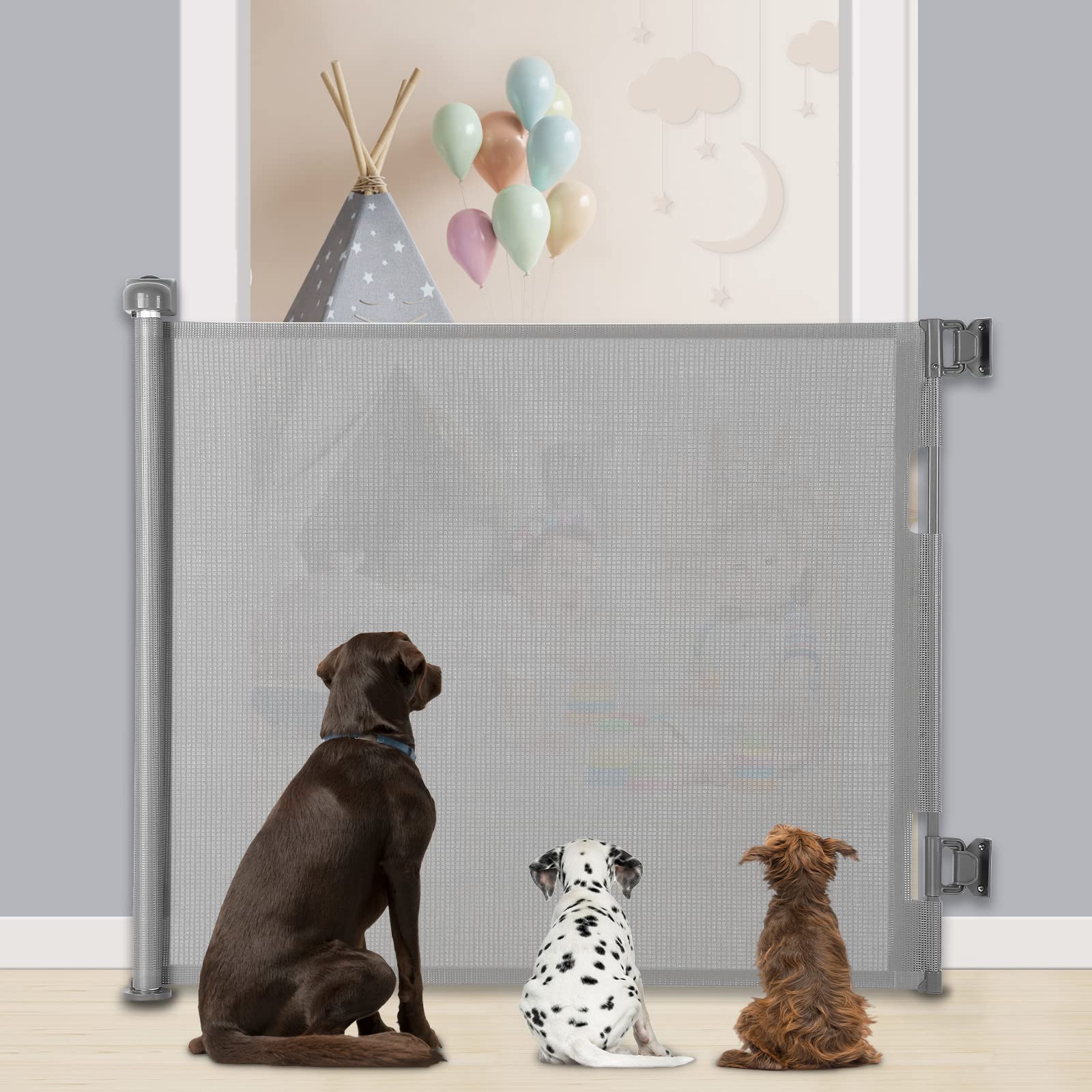MYPIN Extra Wide Retractable Dog and Baby Gates - Indoor/Outdoor Stair Gates for Stairways, Hallways, Doorways (Grey, 140 X 86 CM)