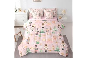 Erosebridal 7Pcs Pink Christmas Comforter Set Queen Size,Christmas Nutcracker Bedding Set,Dreamy Castle Princess Bed in A Bag,Xmas Galaxy Snow Quilt with Flat Fitted Sheet for Kids Boys Girls