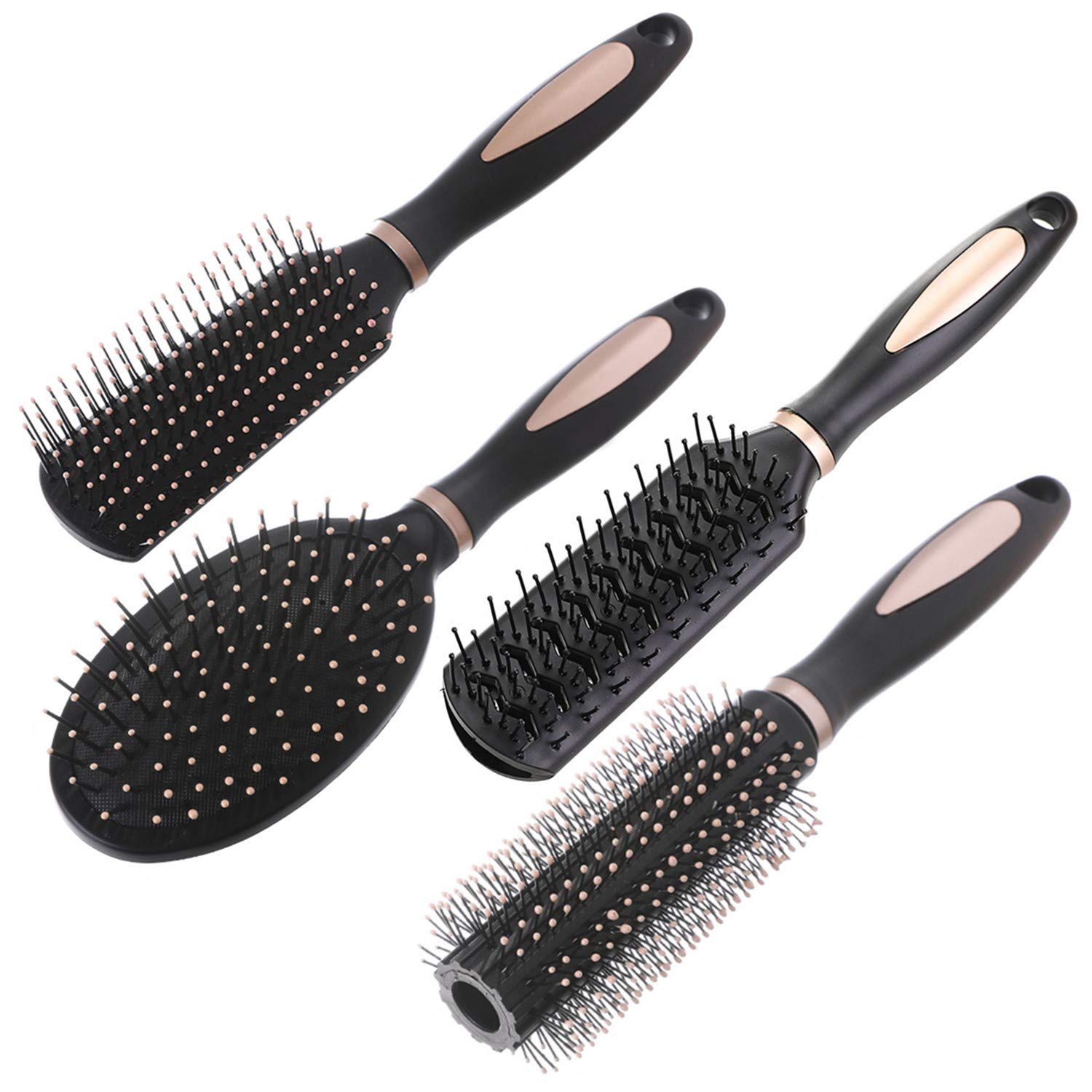 Pack of 4 Anti Static Massage Oval Comb Round Hair Brush Set - Vent, Detangling, Paddle Brush for Wet or Dry Hair's Detangle, Massage, Add Shine