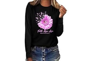 BIDOBIBO Breast Cancer Awareness Tshirt Long Sleeve Crew Neck T Shirts Breast Cancer Pink Ribbon Pin Womens Fall Tops