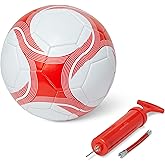 Amazon Basics Durable PVC Soccer Ball with Pump for Training and Practice, Indoor Outdoor Use, White and Red