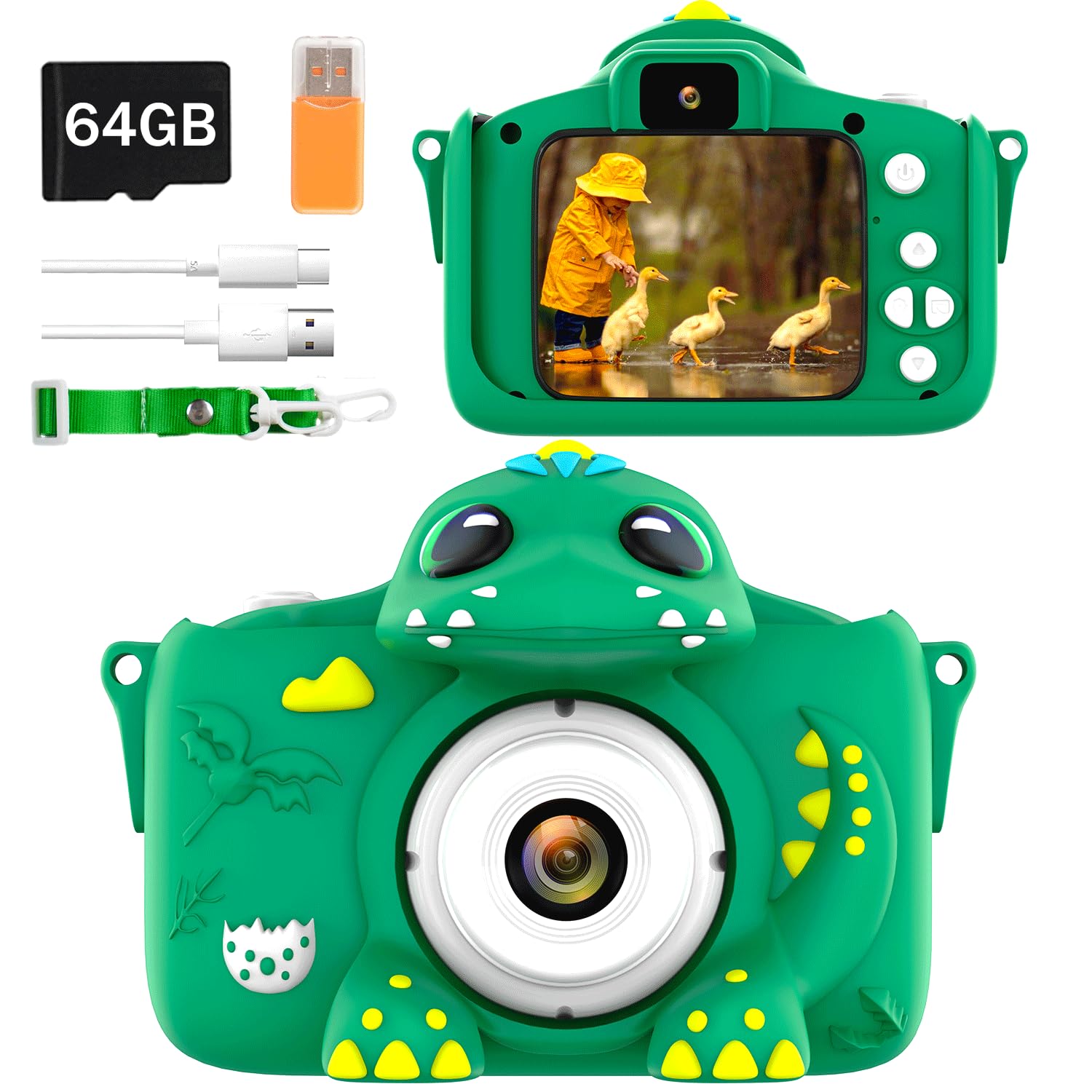 Kids Digital Camera for Girls and Boys, 1080P 2.0" Screen With 64GB Card and Selfie Mode, Toddler Video Camera, Christmas and Birthday Gifts Toy for Age 3-10 (Green)