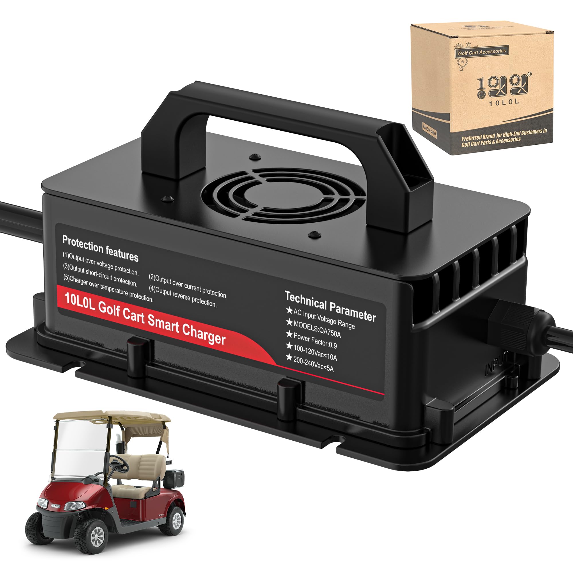 Photo 1 of 10L0L Golf Cart 48V 15A Battery Charger for EZGO RXV Golf Cart - IP68 Waterproof, Auto Shut-Off, Smart Cooling, Aluminum Housing, Charging Indicator (Black)