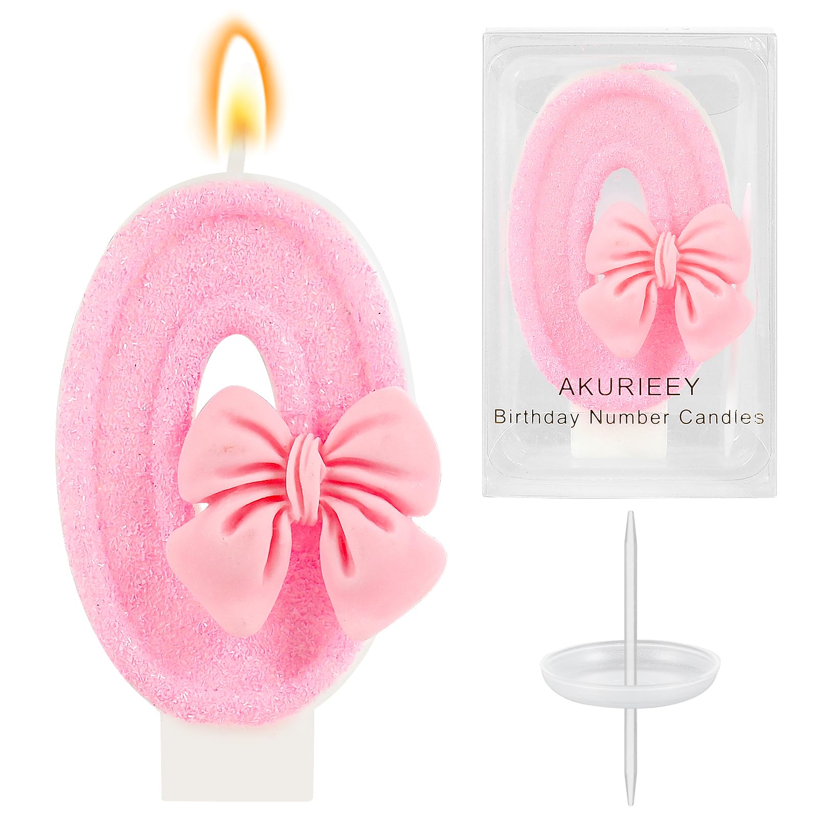 AKURIEEY Pink Birthday Candle Bow Numbers 0 Candle Cake Topper Cupcake Decorations Party Decor for Girls and Women Anniversary Celebrations Supplies