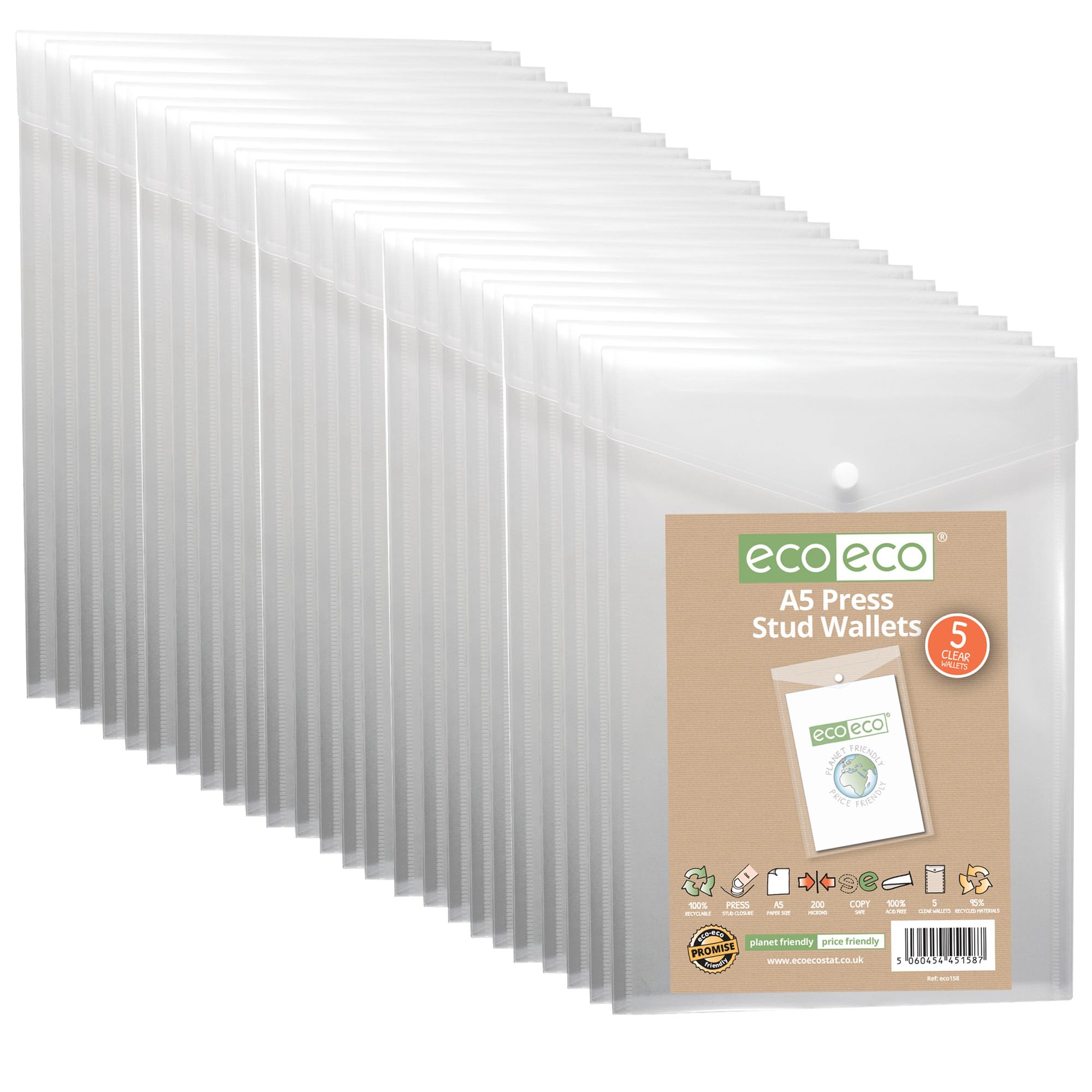 eco-eco A5 50% Recycled Clear Transparent Portrait Press Stud Popper Wallet, Plastic Folders 230x170mm (Pack of 25), 200mic, eco158x25