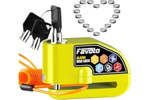 Favoto Alarm Disc Lock, 3 Keys and 18 Batteries (5-Year Availability), 110 dB Waterproof Anti-Theft Security Brake Padlock, 7mm Lock Pin with Reminder Cable, Fit for Motorcycle E-Bike Bicycle Scooter