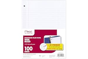 Mead Loose Leaf Paper, Wide Ruled Filler Notebook Paper, Reinforced, 8" x 10-1/2", 100 Sheets, Fits 3-Ring Binder (15006)