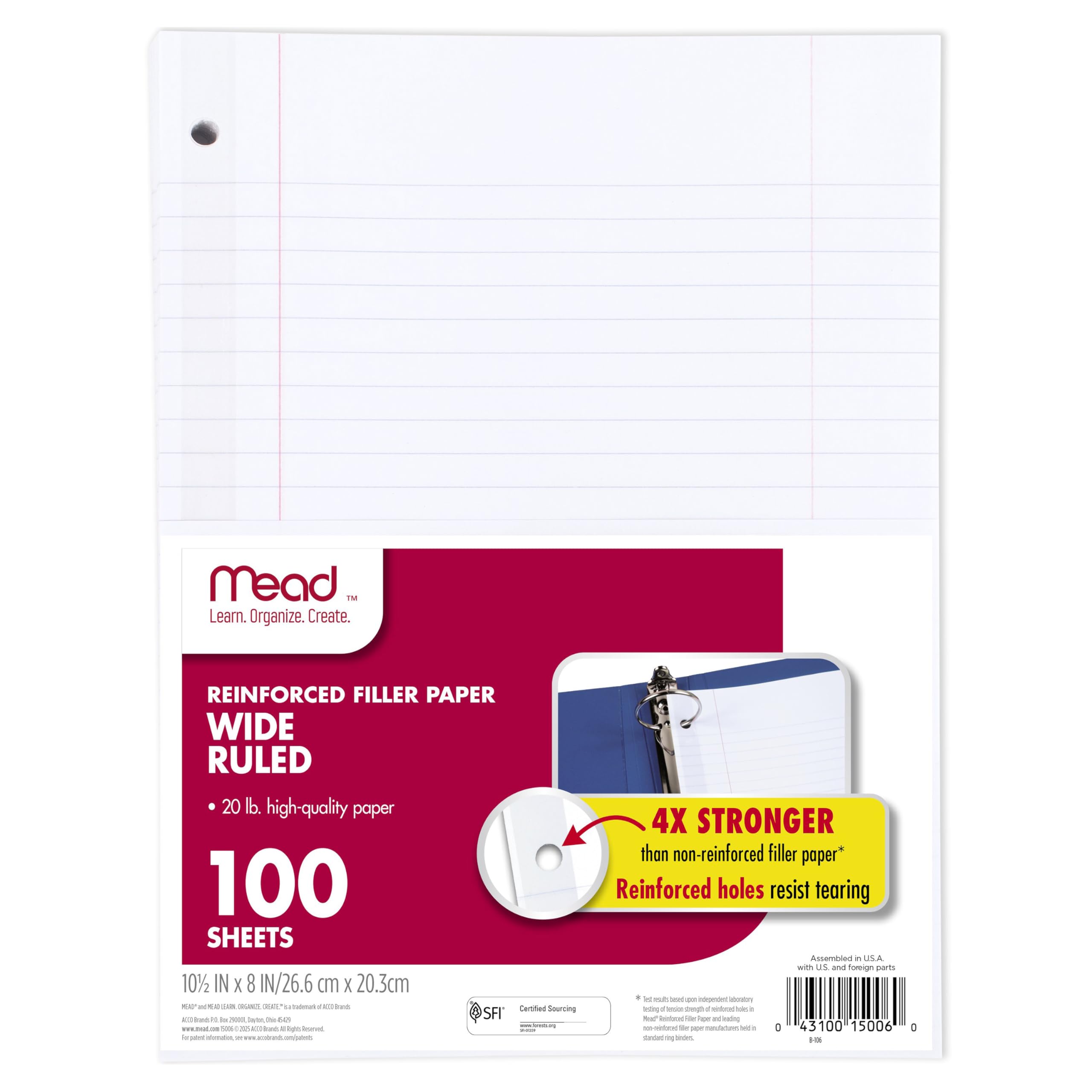 Mead Loose Leaf Paper, Wide Ruled Filler Notebook Paper, Reinforced, 8" x 10-1/2", 100 Sheets, Fits 3-Ring Binder (15006)