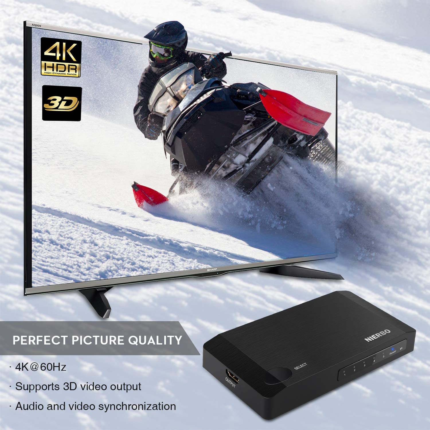 NIERBO HDMI Umschalter mit Fernbedienung 5 in 1 Out HDMI 2.0 Switch 5x1 4K@60Hz HDMI Full HD 1080P HDCP 3D Switcher Unterstützung für HDTV PS3 PS4 Blu-ray DVD Projektor Fire Stick und Andere Geräte