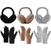 Airsnigi 6 Pcs Winter Ear Muffs Gloves Set, 3 Pcs Adjustable Faux Fur Earmuffs and 3Pcs Elastic Cuff Knit Gloves for Adult