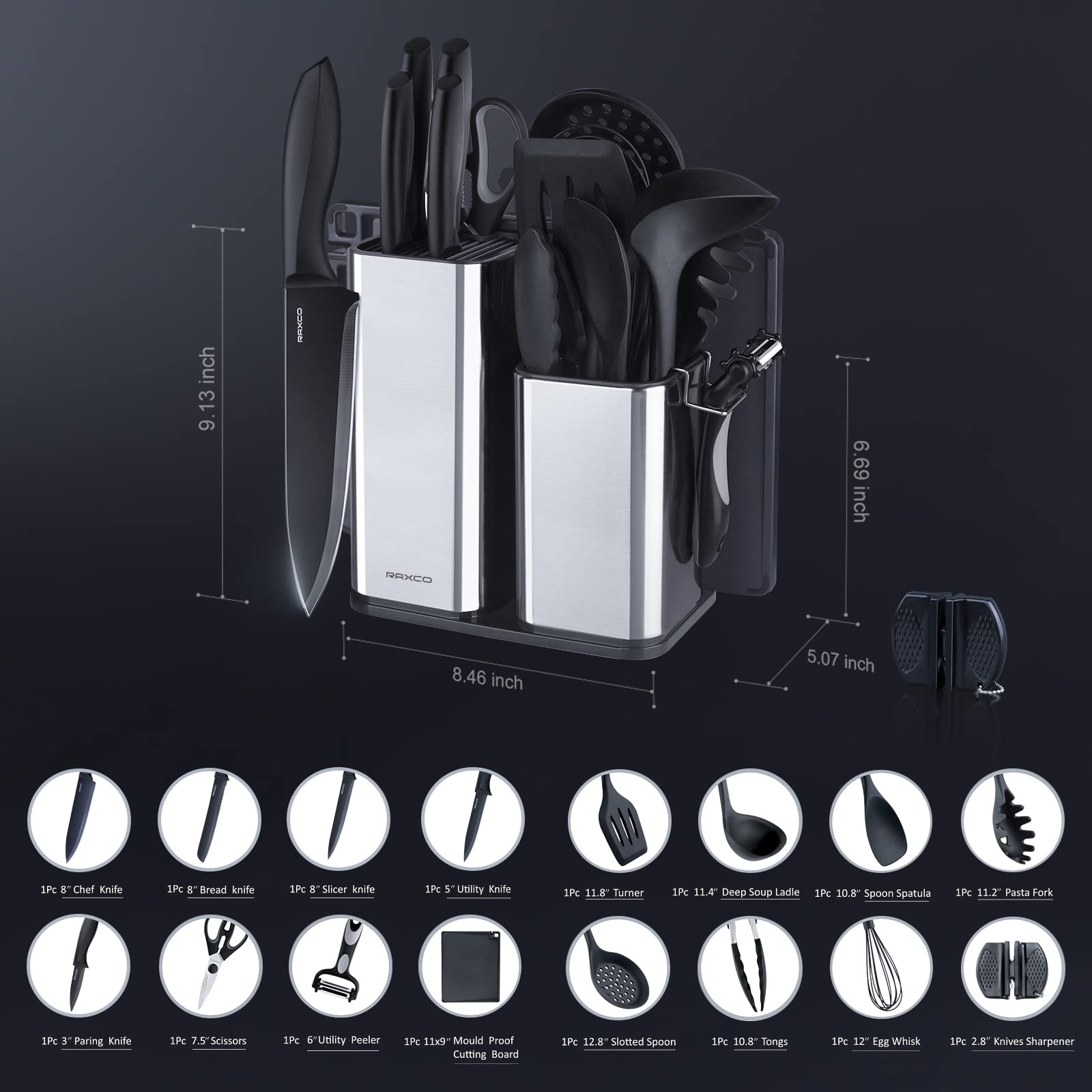 RAXCO Kitchen Utensils Set,18-Piece Cooking Tools and Sharp Knives,Stainless Steel Holder and Cutting Board