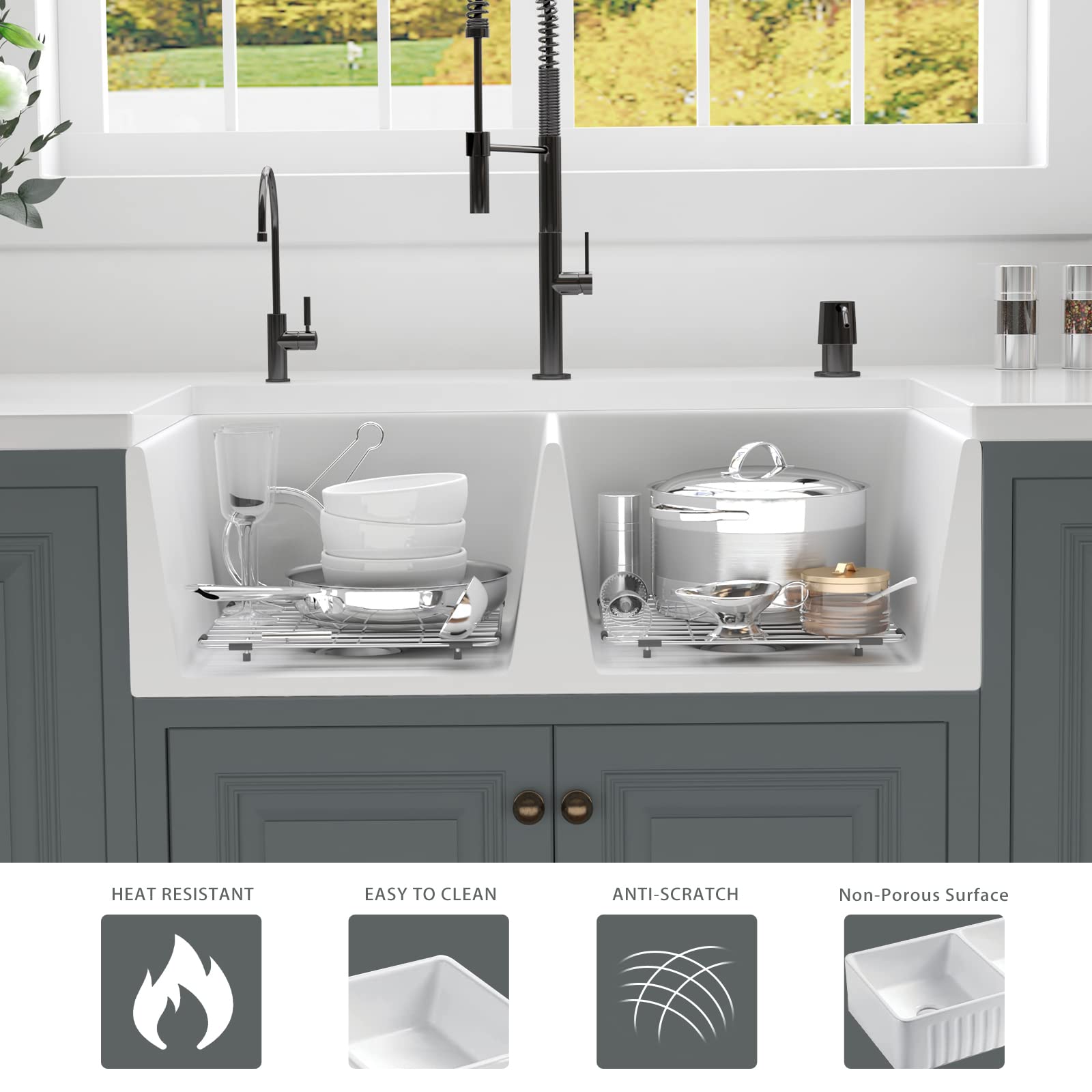 33 inch Fireclay Farmhouse Sink, HausinLuck Double Bowl 50/50 Apron Front Farm Kitchen Sink, Reversible White Farmhouse Ceramic Porcelain Kitchen Sink with 2 Stainless Steel Grids and 2 Drains