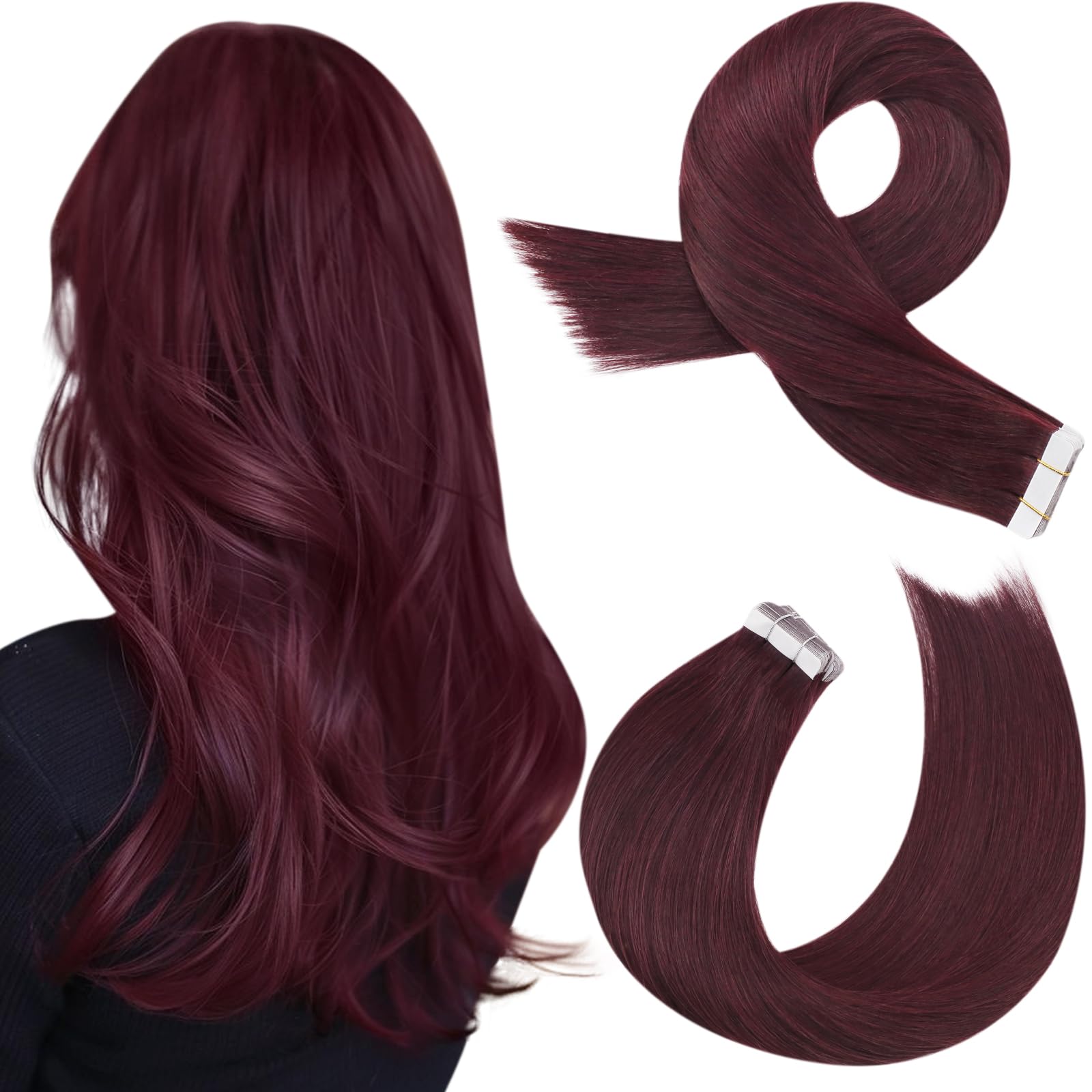 Moresoo Tape in Hair Extensions Human Hair Burgundy Red 18 Inch 20 Pieces/50g Remy Human Hair Wine Red Hair Extensions Tape in Real Hair #99J