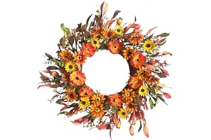 J'FLORU Artificial Fall Wreath 20 Inch Autumn Wreath for Front Door Thanksgiving Wreaths with Colorful Daisies for Wall Window Harvest Festival Celebration