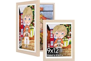 KoyanKo 9x12 Kids Art Frame Pack of 2, Natural Solid Wood Artwork Frames Changeable, Front-Opening Picture Frame Hold up to 1
