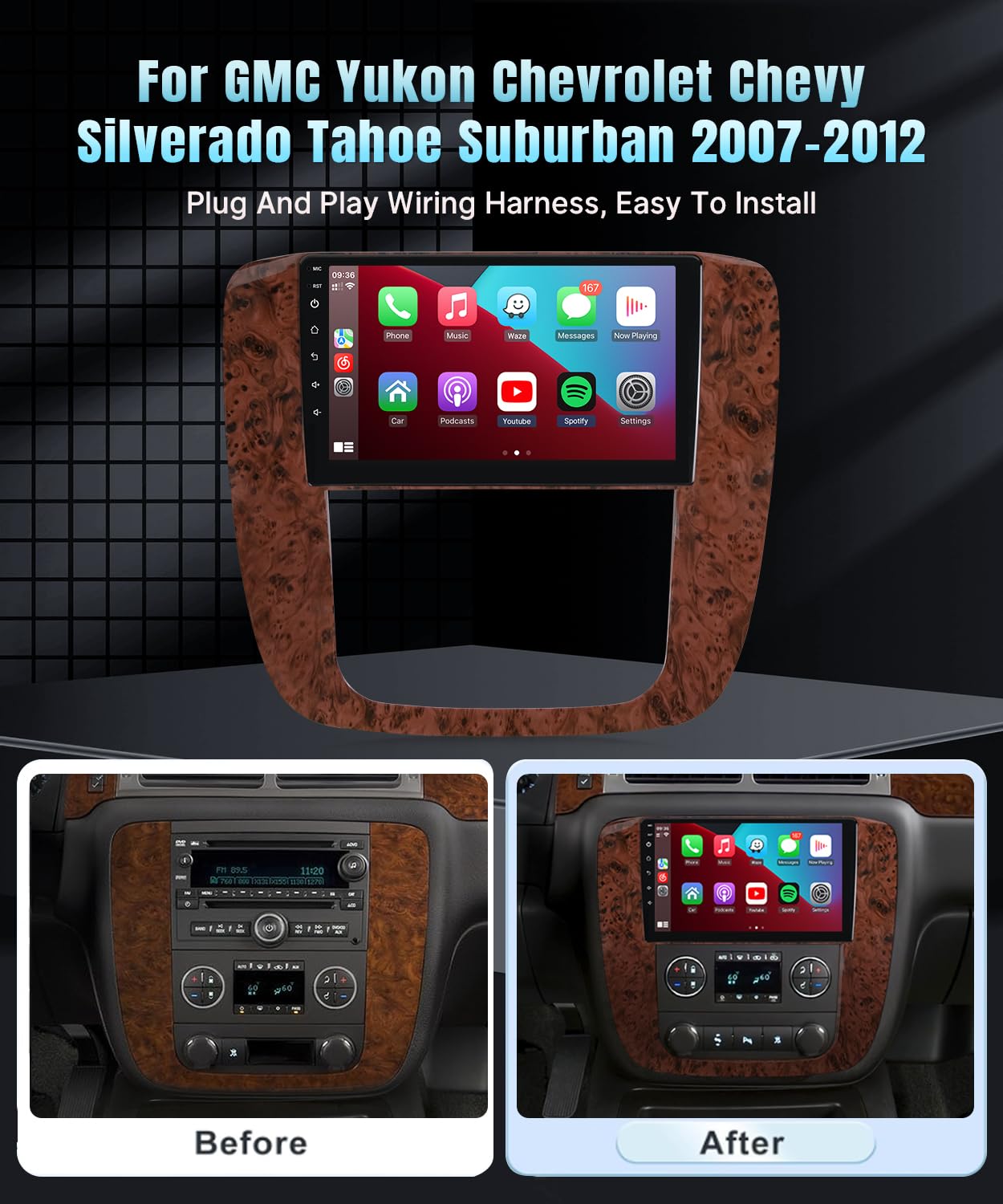 Naifay Android Car Radio for GMC Yukon Chevrolet Chevy Silverado Tahoe Suburban 2007 2008 2009 2010 2011 2012 with Carplay Andriod Auto, 2+32G 9 Inch IPS Touchscreen Car Stereo Bluetooth FM GPS WiFi