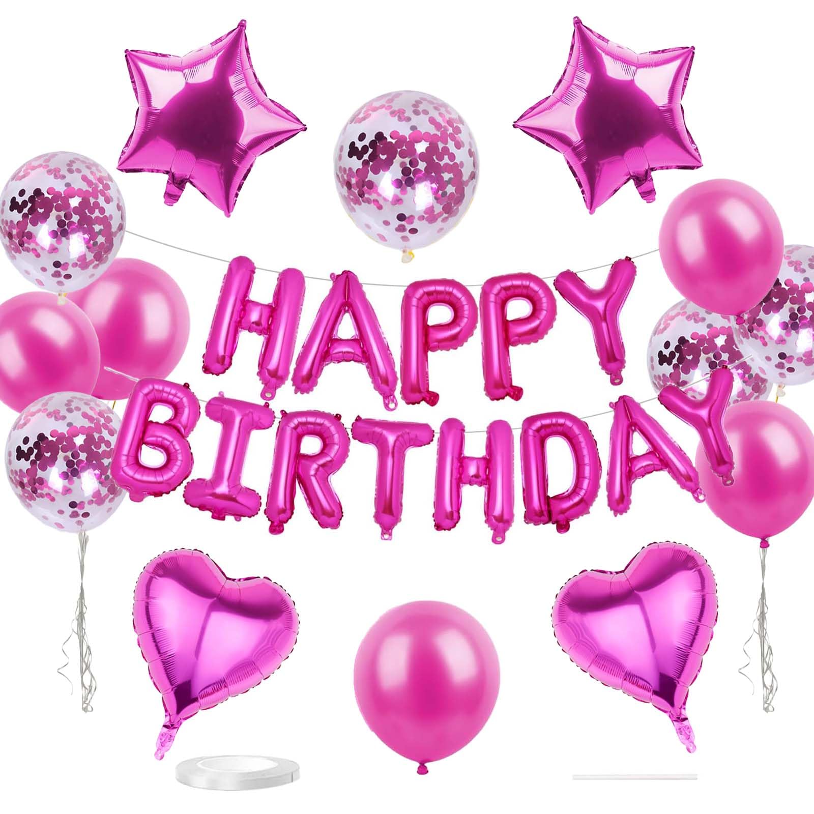 WEIKA 27 Pcs Hot Pink Birthday Decorations, 3D Letters Hot Pink Happy Birthday Balloon Banner, Pentagram Heart Foil Balloons Confetti Balloons Kit For Boys Girls Birthday Party Supplies