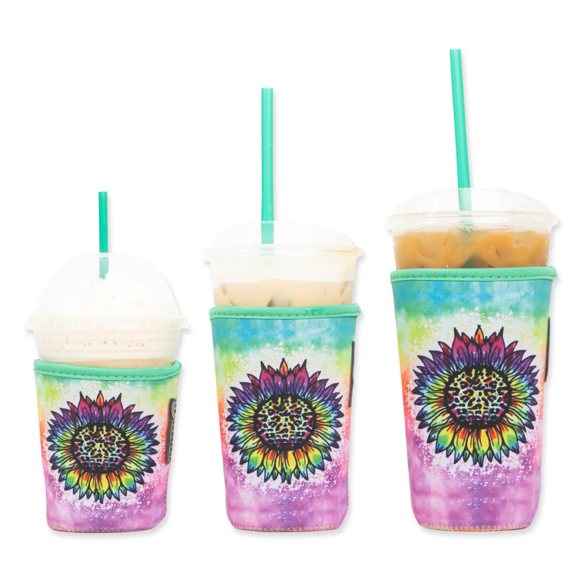 Baxendale Iced Coffee Sleeve for Cold Drink Cups 3 Pack Neoprene Iced Coffee Sleeve Cup Sleeves for Cold Drinks Reusable Compatible with Starbucks Dunkin (3 PK Sm-Med-Lg, Sunflower Tie Dye)