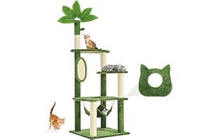 TSCOMON 61" Cat Tree for with Green Leaves, Multi-Level Large Cat Tower with Hammock, Plush Cat House with Hang Ball Toy and Sisal Scratching Posts Furniture, Green