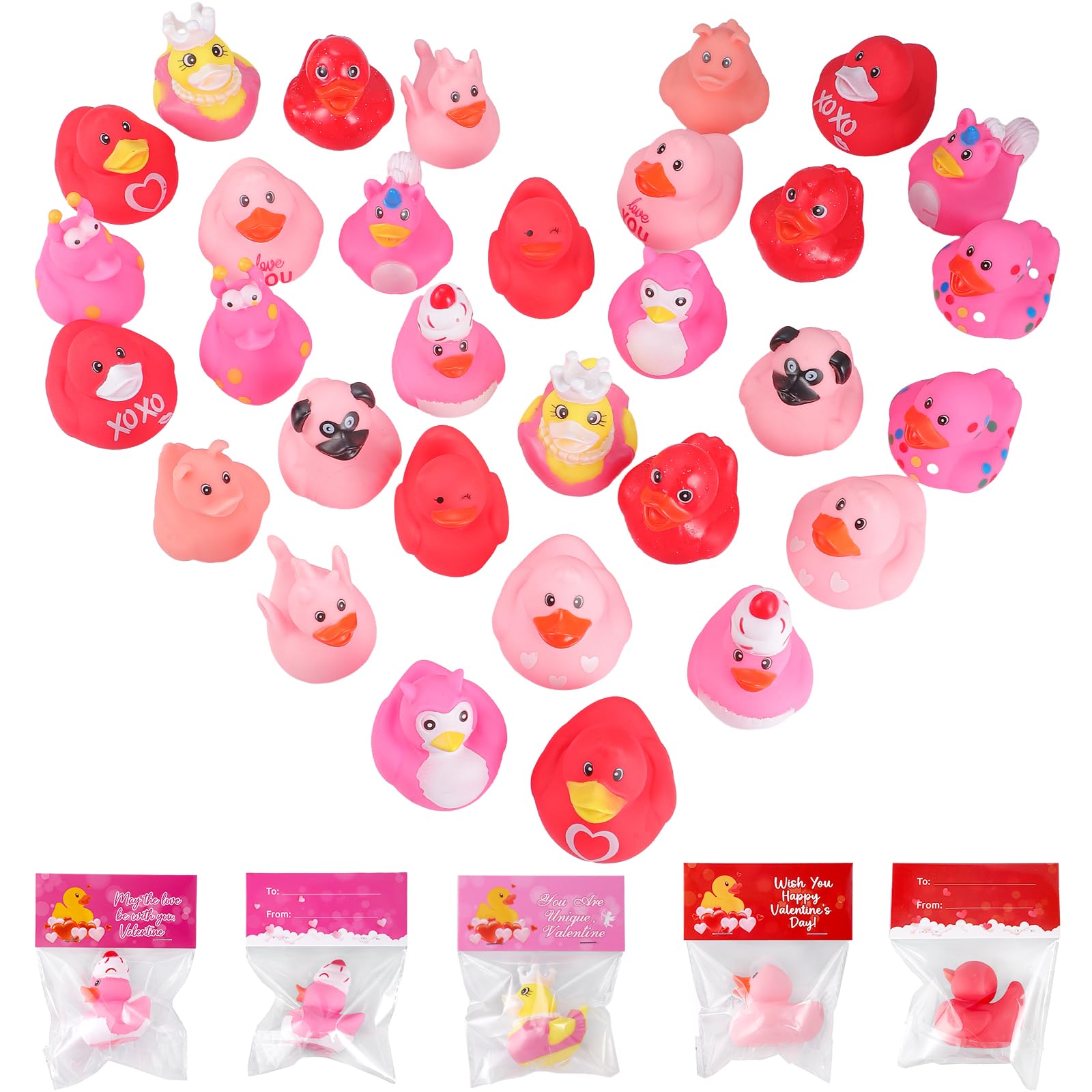 Photo 1 of 30 Pcs Valentine's Day Ducks Gifts for Kids Classroom with Valentines Exchange Cards Valentine Rubber Duckies Gifts Bag Stuffers for Kids Valentine's Exchange Treasure Box Toys School Party Favors
