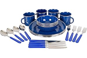 Stansport Enamel Camping Tableware Set, 24-Piece, Blue