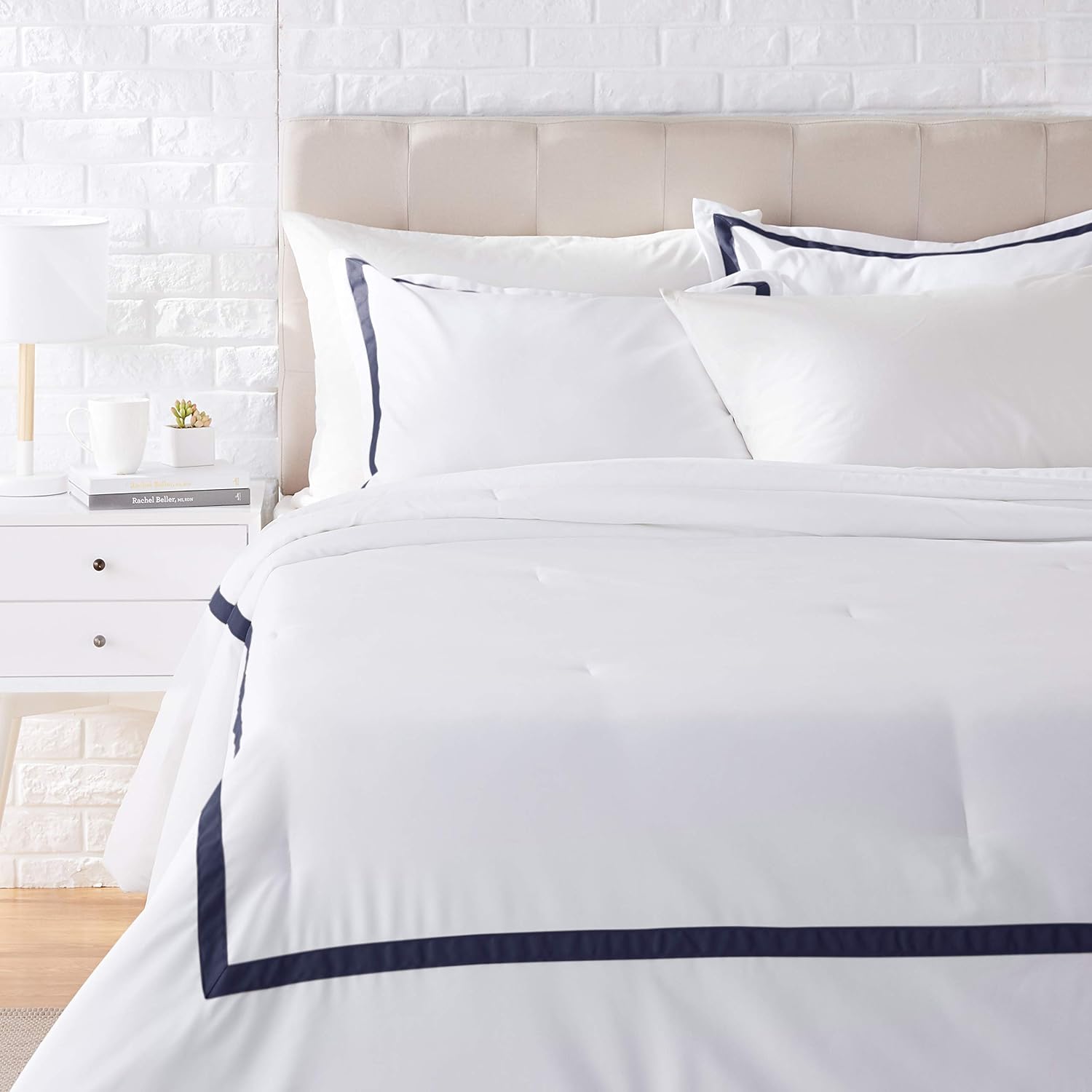 AmazonBasics Ribbon Embellishment Comforter Set - Premium, Soft, Easy-Wash Microfiber - Full/Queen, Navy Blue